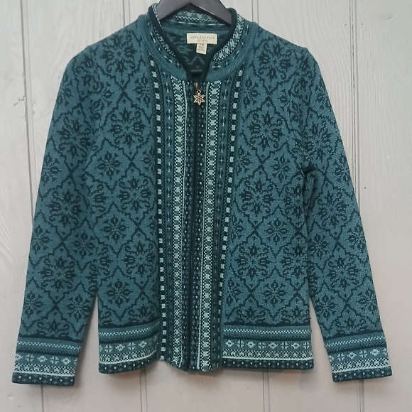 Appleseed's Knit Sweater Fair Isle Full Zip Teal Wool Blend Size Medium P - Picture 1 of 6